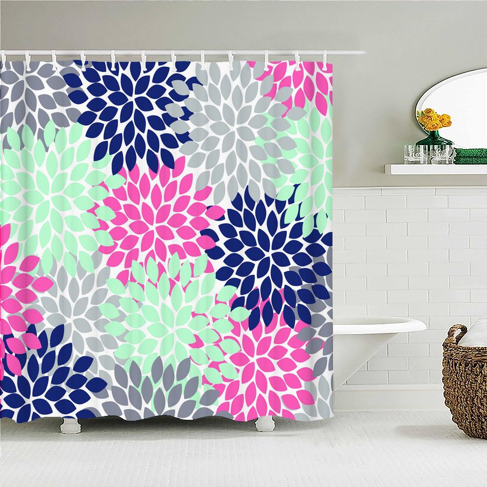 High Quality Blue Fresh leaf Printed Fabric Shower Curtain Plant Leaves Bath Screen Waterproof Bathroom Decor with Hooks