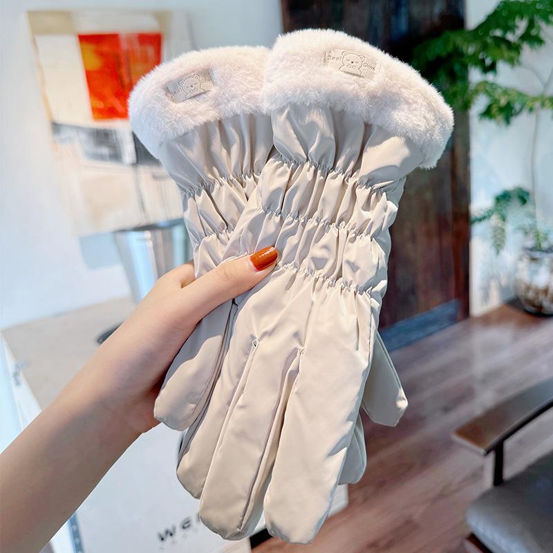 Student women's down cotton thickened cold-proof cute gloves women's season warm