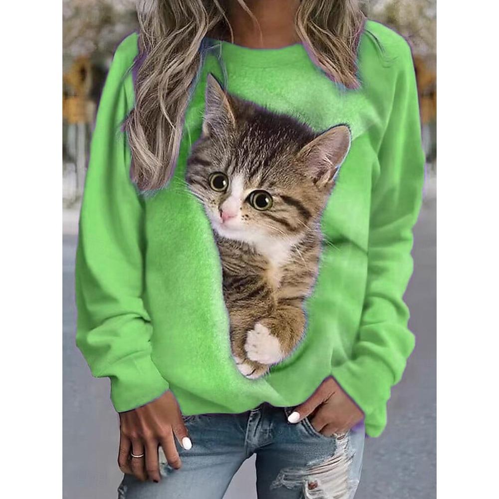 Fashionable Women's Cute Cat Pattern Sports Shirt 3D Printed Round Neck Long Sleeved Top Women's Clothing Street Wear Autumn Pullover