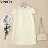 Women Lapel Neck Short Sleeve Smooth Emulationsilk A-line Elegant Dress