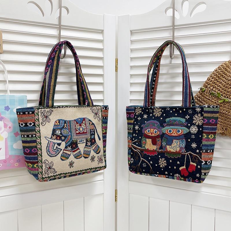 Cartoon Elephant Owl Canvas Handbag With Embroidery For Daily Casual Use