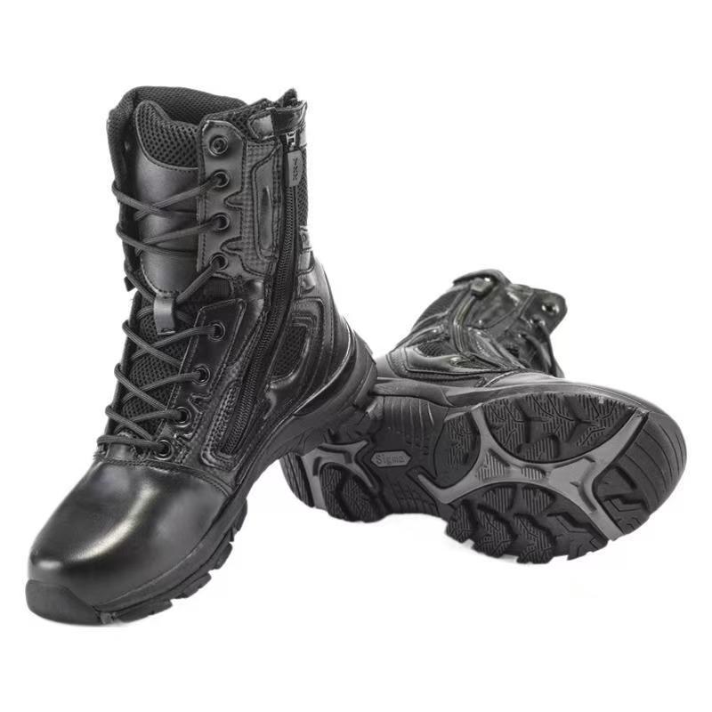 Fashion Anti slip High Quality Black Genuine Leather Boots Rubber Sole Men's Tactical Boots