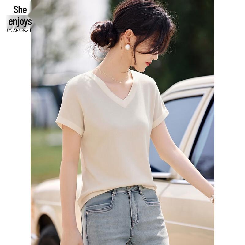 Women s V-Neck Knit Short Sleeve T-Shirt L