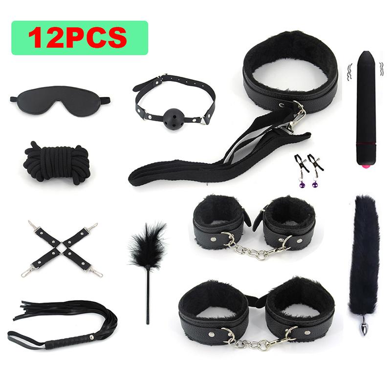 BDSM Bondage Set Sex Product Erotic Toys For Adults Games Plush Leather Handcuffs Nipple Clamps Gag Whip Rope Anal Plug