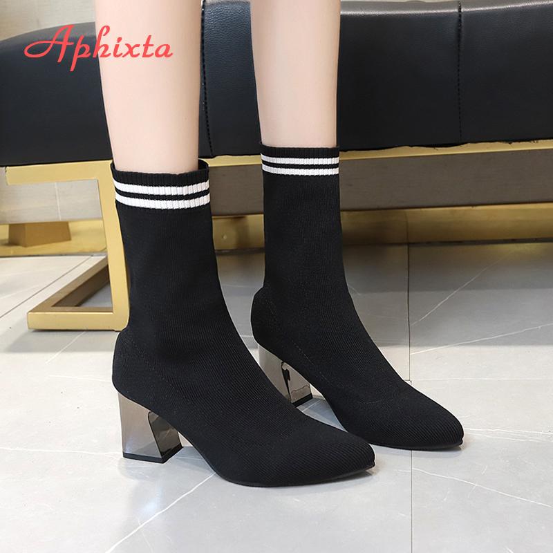 Fashion Aphixta 2025 New Fashion Ankle Boots Women Shoes Elastic Sock Boot Chunky High Heels Stretch Sexy Booties Pointed Toe Plus 41 43