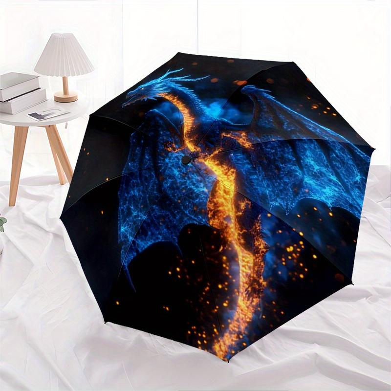 

1pc Blue Dragon with Fiery Trail Soaring Through Starry Night Sky Durable Cartoon Folding Umbrella, Portable 3-Fold Compact Umbrella for Men and