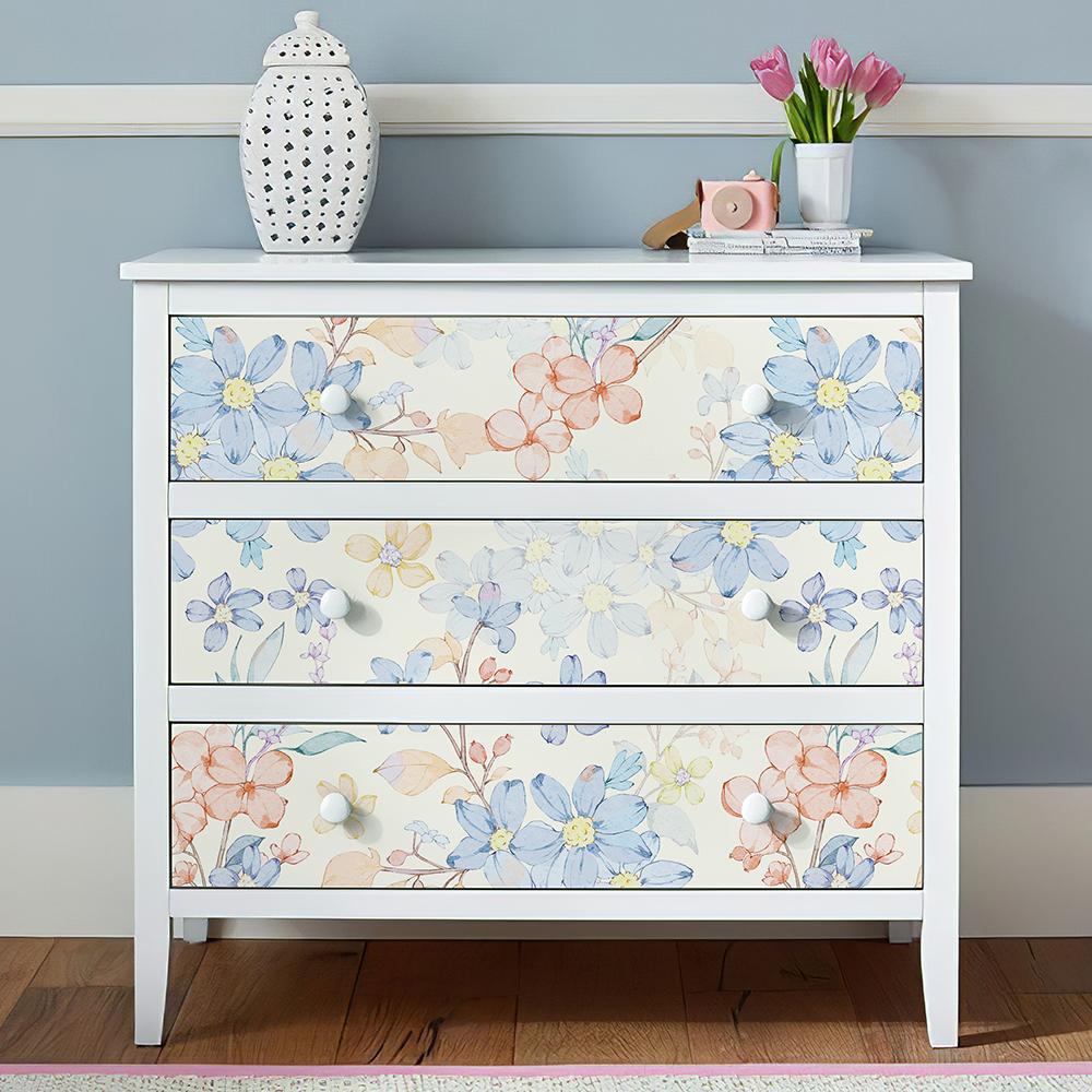 Elegant Light Blue Floral Wallpaper Peel And Stick PVC Flower Home Decoration Self Adhesive Yellow Cabinet Sticker