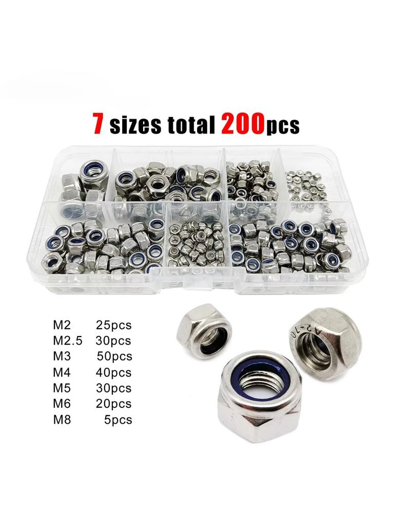 Stainless Steel Nyloc Nut Kit – 200 Pieces M2-M8 Self-Locking Hex Nuts In Assorted Sizes for DIY, Auto & Industrial Use