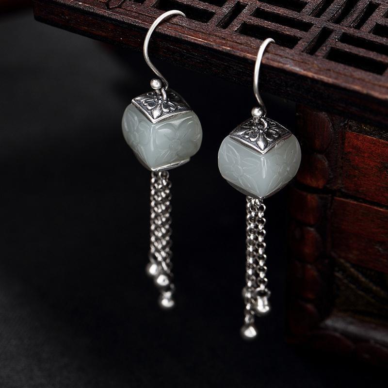 Independent Design Retro Style Inlaid Hetian White Jade Pattern Tassels For Ladies High-End Earrings Elegant  Jewelry