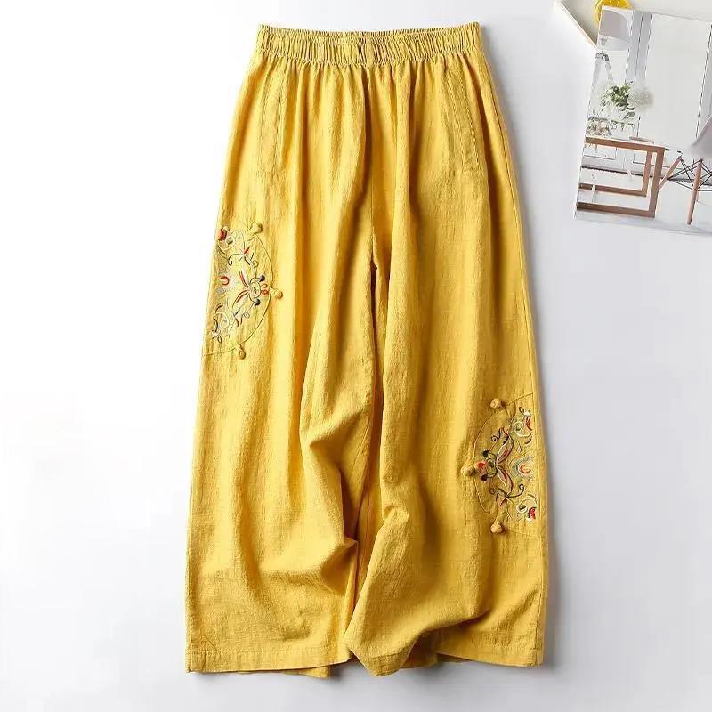 Büyük Boy kadın Yaz Moda Rahat Retro Nakış Düz Geniş Bacak Dokuz noktalı Pantolon