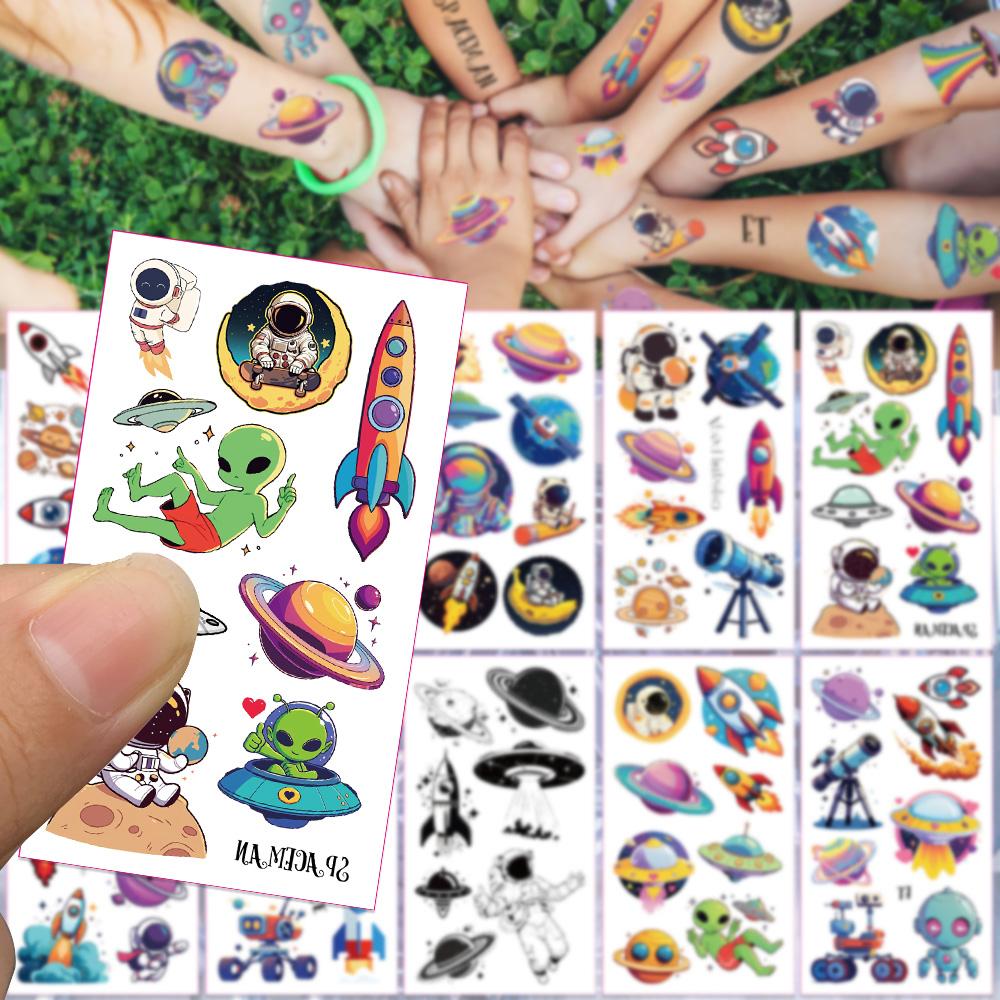 10 folhas de desenhos animados espaço padrão tatuagem adesivos para mão rosto corpo temporário à prova d'água adesivos de tatuagem crianças presentes criativos