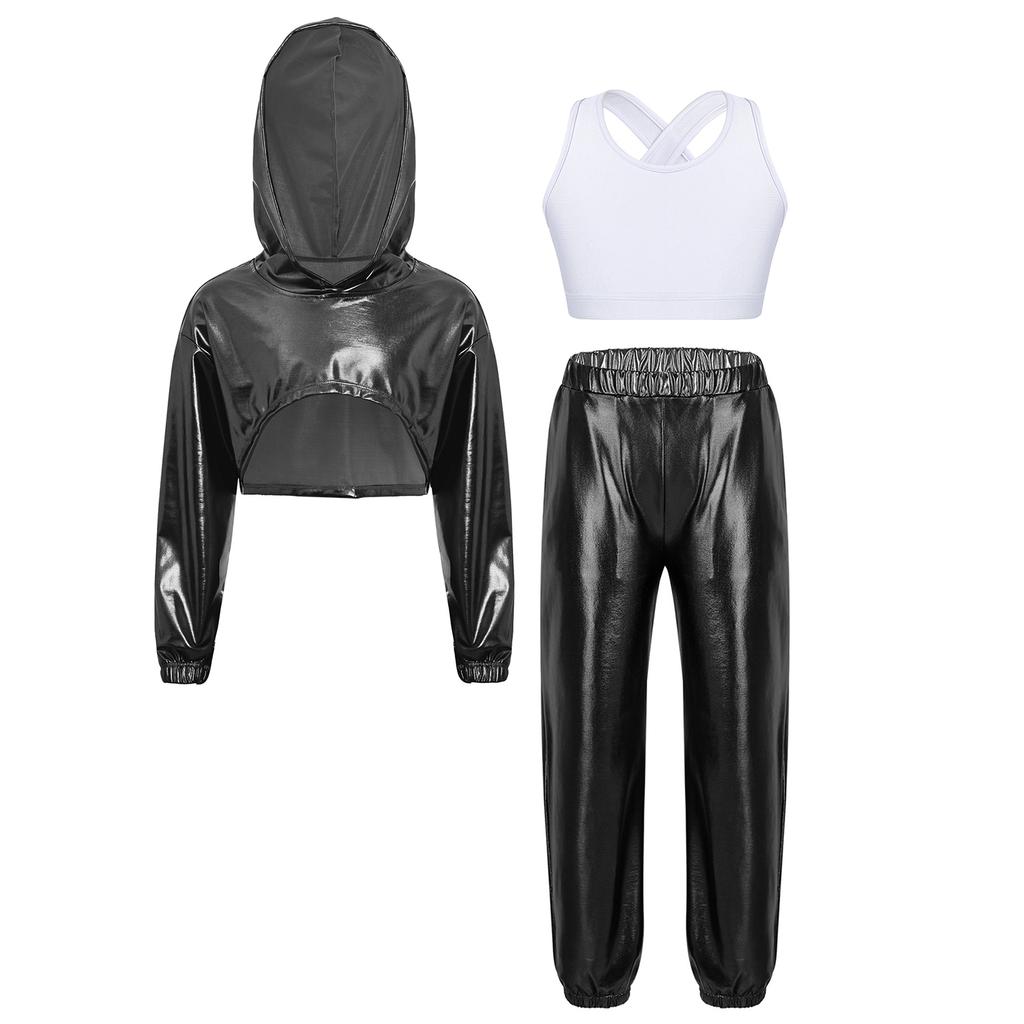 Girls Hip Hop Jazz Dance Costume 3 Piece Set Metallic Cropped Hoodie Sleeveless Keyhole Back Vest Pants