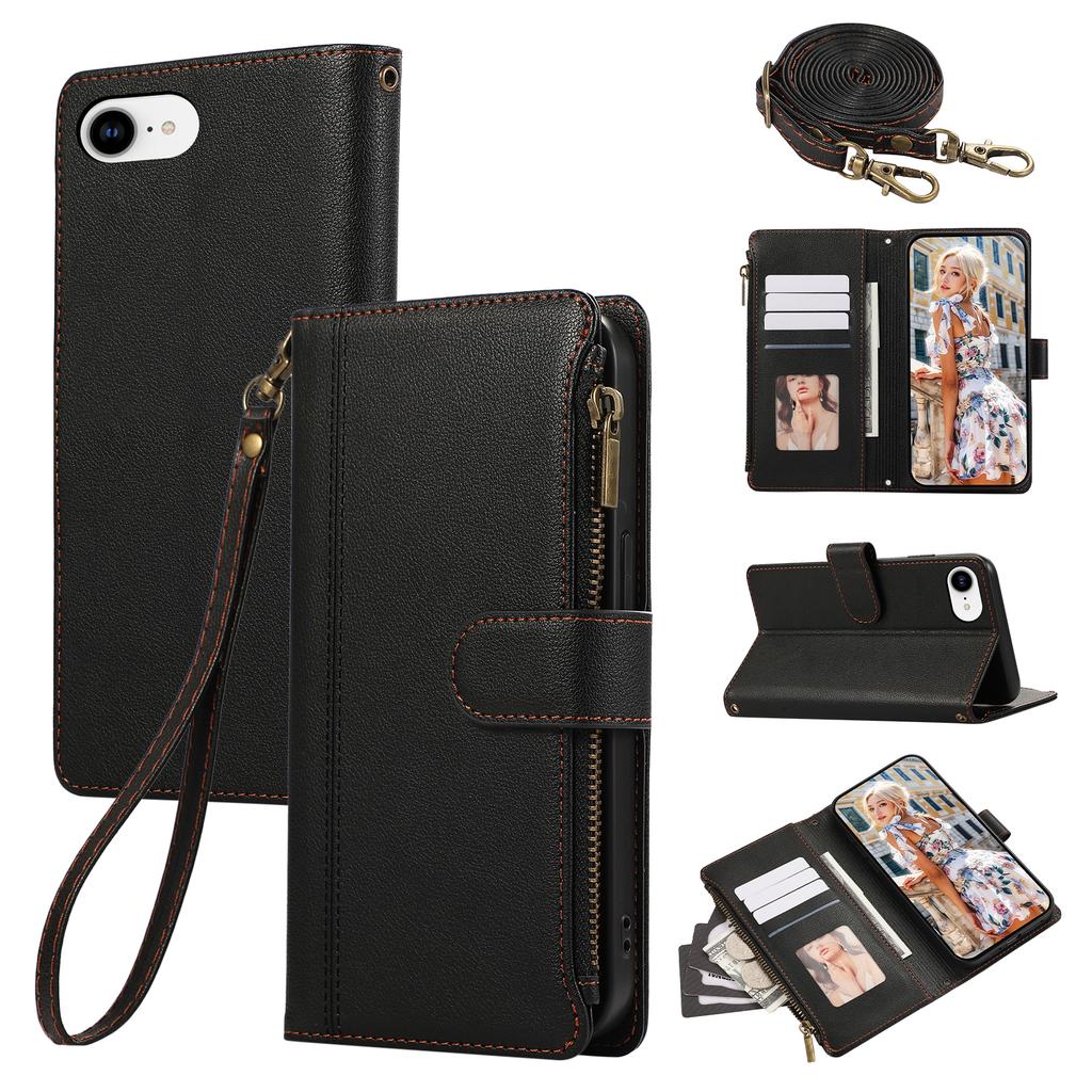 For iPhone 16e Case Multi Card Slots Zipper Leather Phone Cover with Shoulder Strap/Wrist Strap