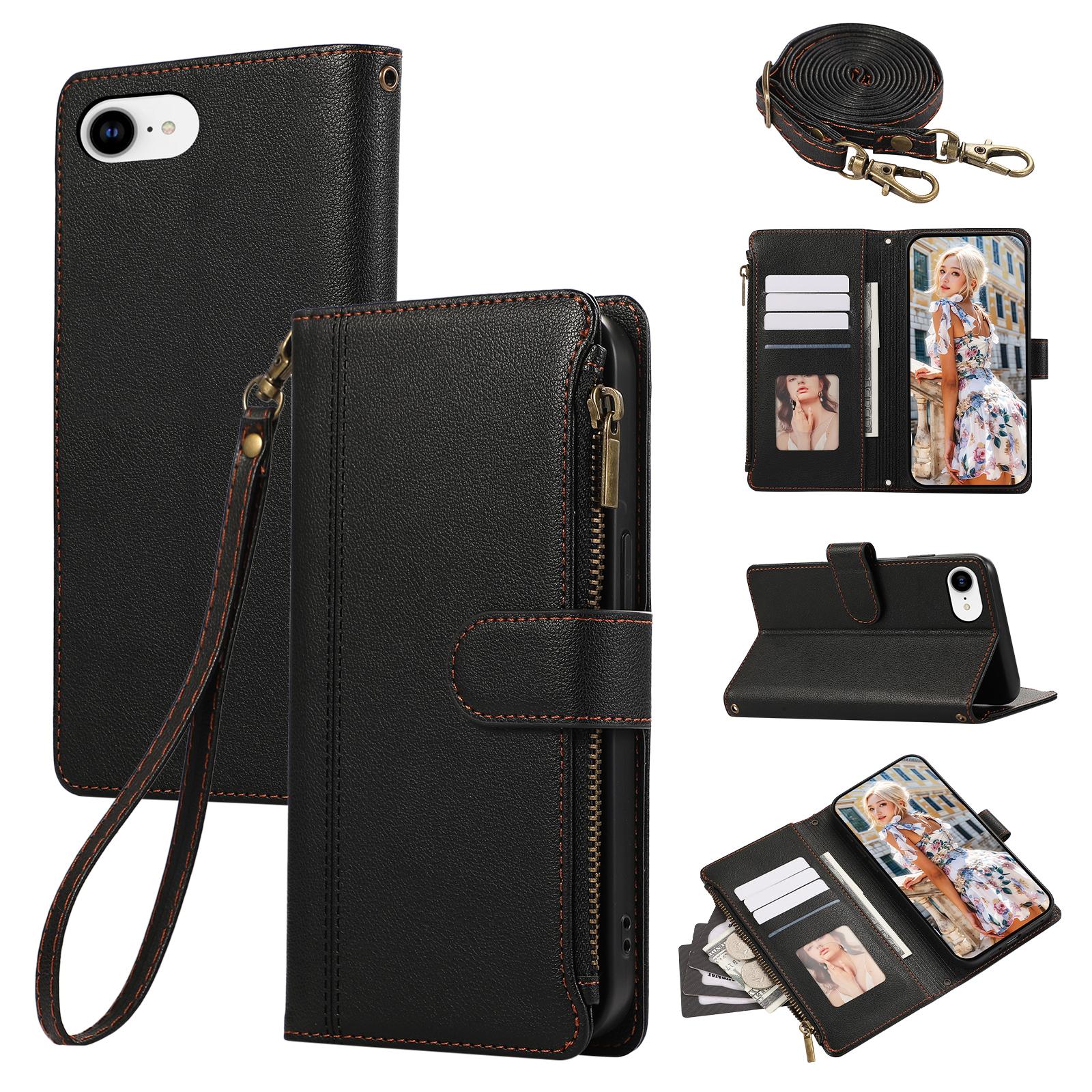 

For iPhone 16e Case Multi Card Slots Zipper Leather Phone Cover with Shoulder Strap/Wrist Strap Black