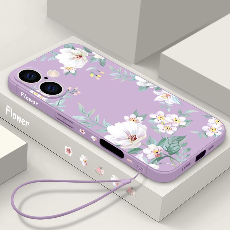 Plain Floral Pattern Shockproof Soft Case For iPhone 16 Pro Max 15 14 Pro 13 12 Mini 11 XS XR 8 7 Lanyard TPU Lens Protection Slim Matte Phone Cover