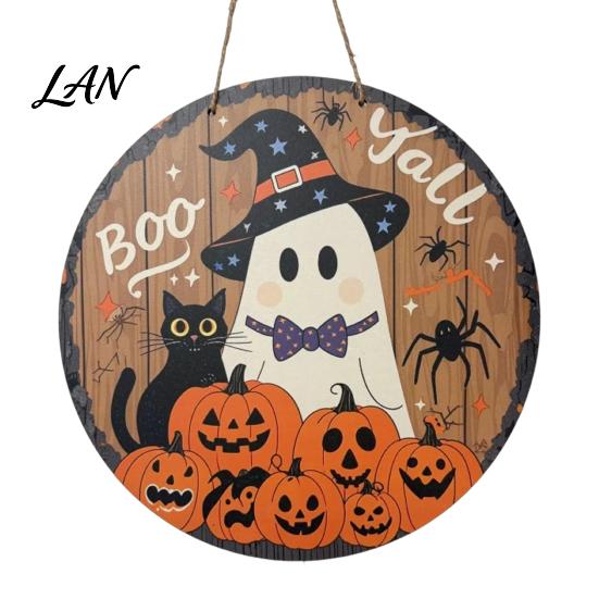 Indoor Outdoor Holiday Ornament Halloween Boo Wood Door Hanger Sign with Cute Ghost Black Hat Pumpkin Print, Front Decorative Craft Gift Porch