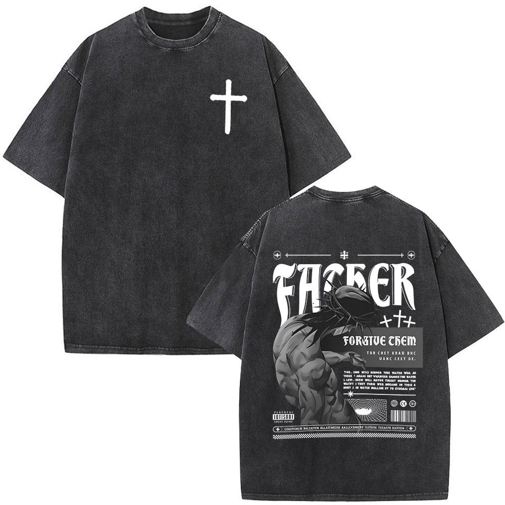Christian Religious Jesus Forgive Them Father Bible Verse Vintage Acid Washed Tshirt Men Fashion Oversized T Shirts Streetwear