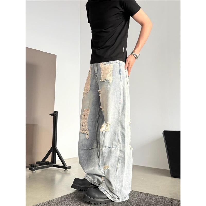 American retro street ripped jeans men's and women's loose casual and versatile design sense niche straight wide-leg pants
