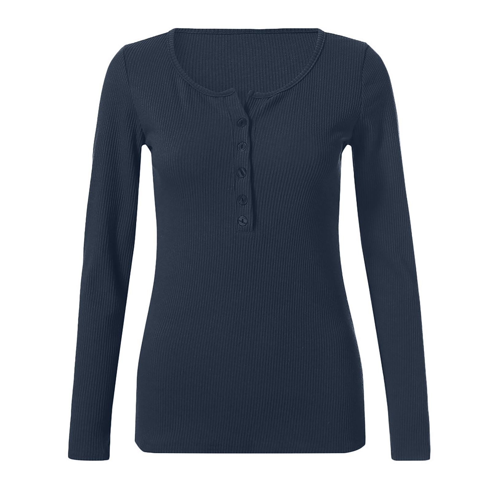 

Женские рубашки с V-образным вырезом и длинными рукавами, однотонные базовые топы на пуговицах, футболки S тёмно-синий