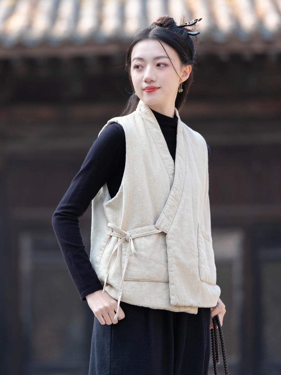 

Johnature женские бандажные жилеты в китайском стиле, пальто с v-образным вырезом, льняные карманы, однотонная хлопковая одежда, осенние жилеты One Size бежевый