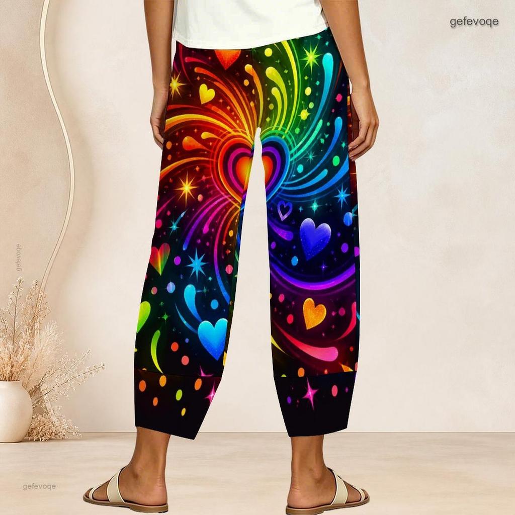 Women Plus Size Cross Hem Long Pants Colorful Sketch Heart Star Graffiti Print Loose Casual Trousers