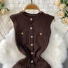 Summer Women O-neck Sleeveless Single Breasted Knitted Mid-calf Slim Tank Sweater Dresses