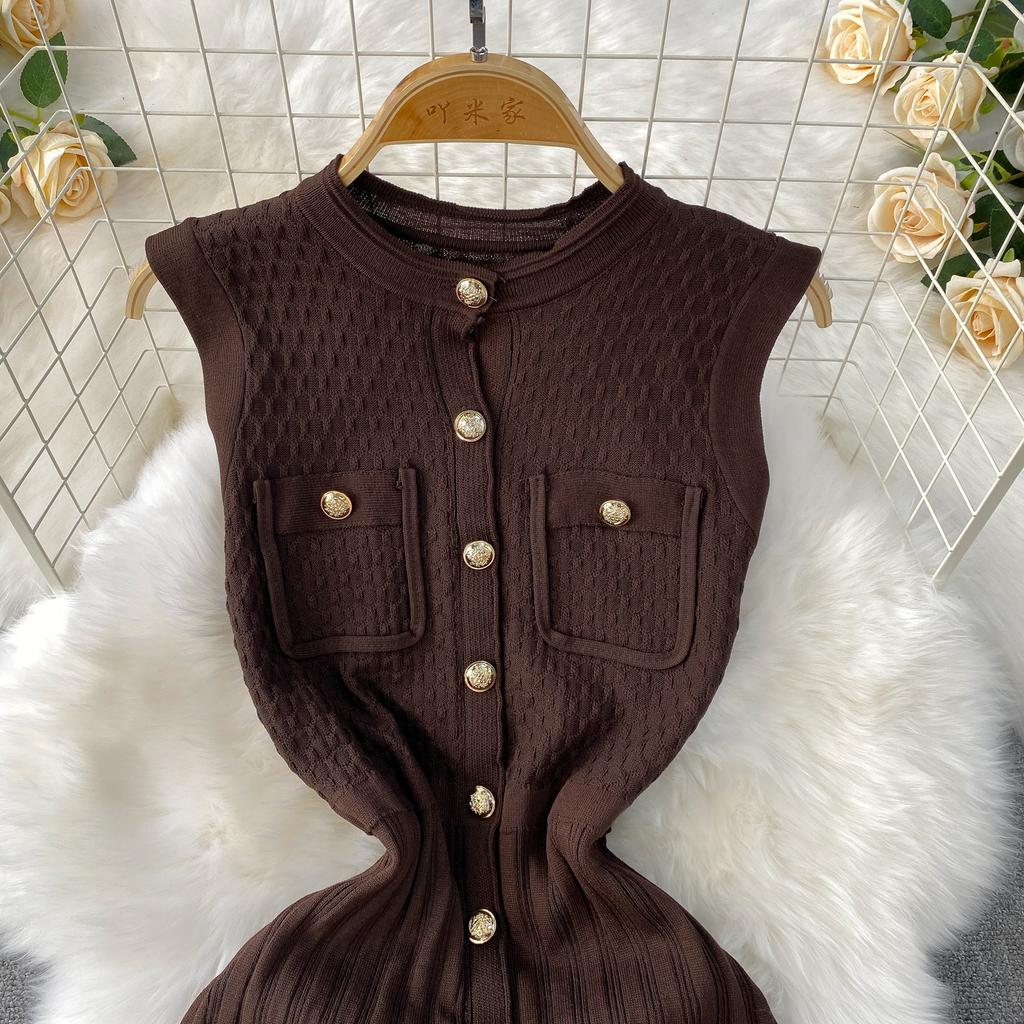 Summer Women O-neck Sleeveless Single Breasted Knitted Mid-calf Slim Tank Sweater Dresses