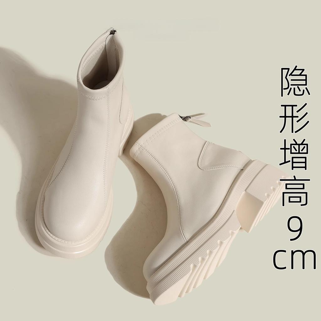 Leather White British Martin Boots Women's 2025 New Small Inner Height Increase Thin Boots Thick-soled Explosive Short Boots