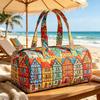 Bolsa de viagem acolchoada Estampa vibrante de vila com enxaimel bolsa de fim de semana Bolsa de viagem fitness de lazer boêmia gráfico de casas europeias coloridas
