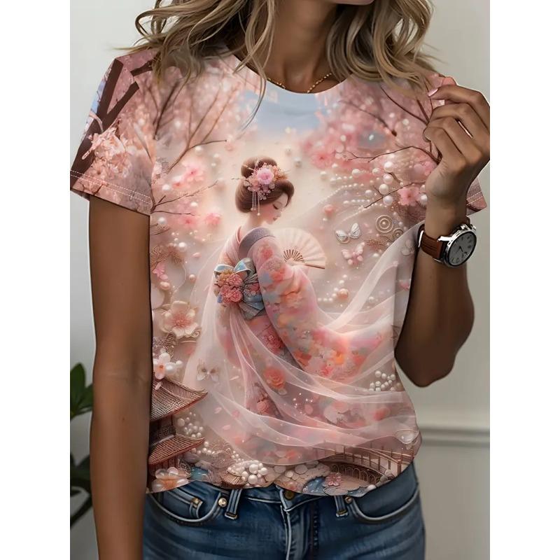 Japanese Style Cherry Blossom Girl Printed T-shirt Tees O Neck Loose Short Sleeve Blouse Female Fashion Animal Graphic Tops Harajuku Streetwear
