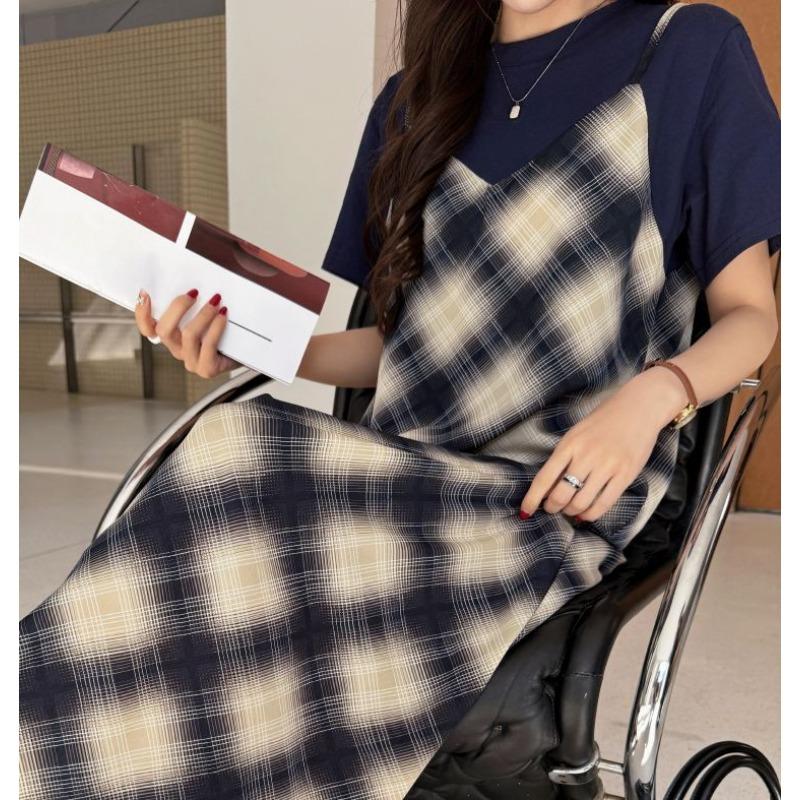 DIMANAF Women 2025 New Summer Plus Size Casual Plaid Short Sleeve Dress Basic Loose Long Dress Maxi