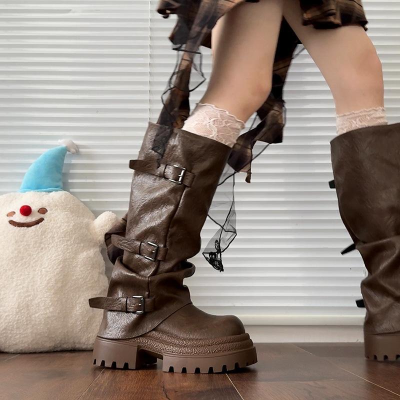 Thick-soled heightening knight boots women's 2025 new spring and autumn retro brown Maillard stacking boots medium tube boots