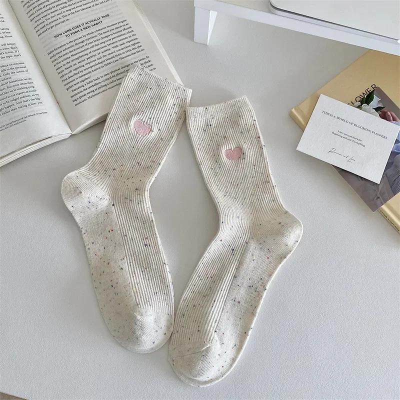 Korean Style Fashion Vertical Striped Slouch Socks Women Polka Dot Embroidered Heart Socks Cute Colorful Dots Cotton Ankle Sock