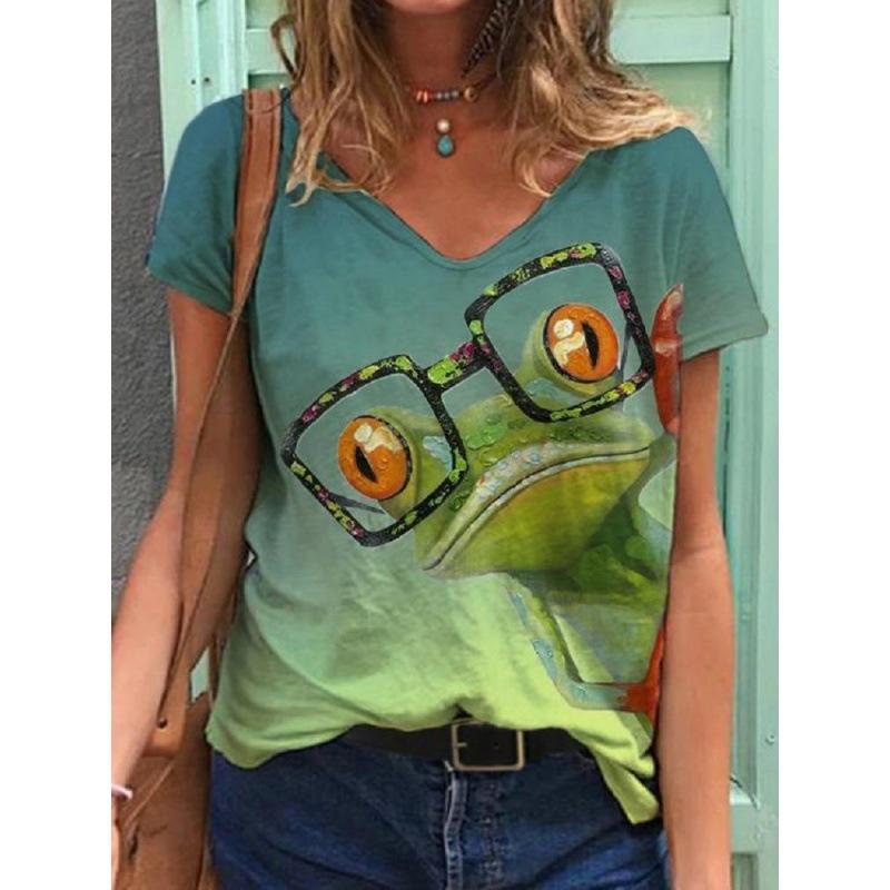 Ladies' Casual Summer Pullover V-neck T-shirt with Floral 3D Printing Short Sleeved Loose Women's Top T-Shirts Women’s