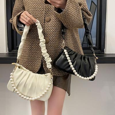 Women's Leather Crossbody Bag Pearl Chain Cloud Small Elegant Luxury Designer White Bag