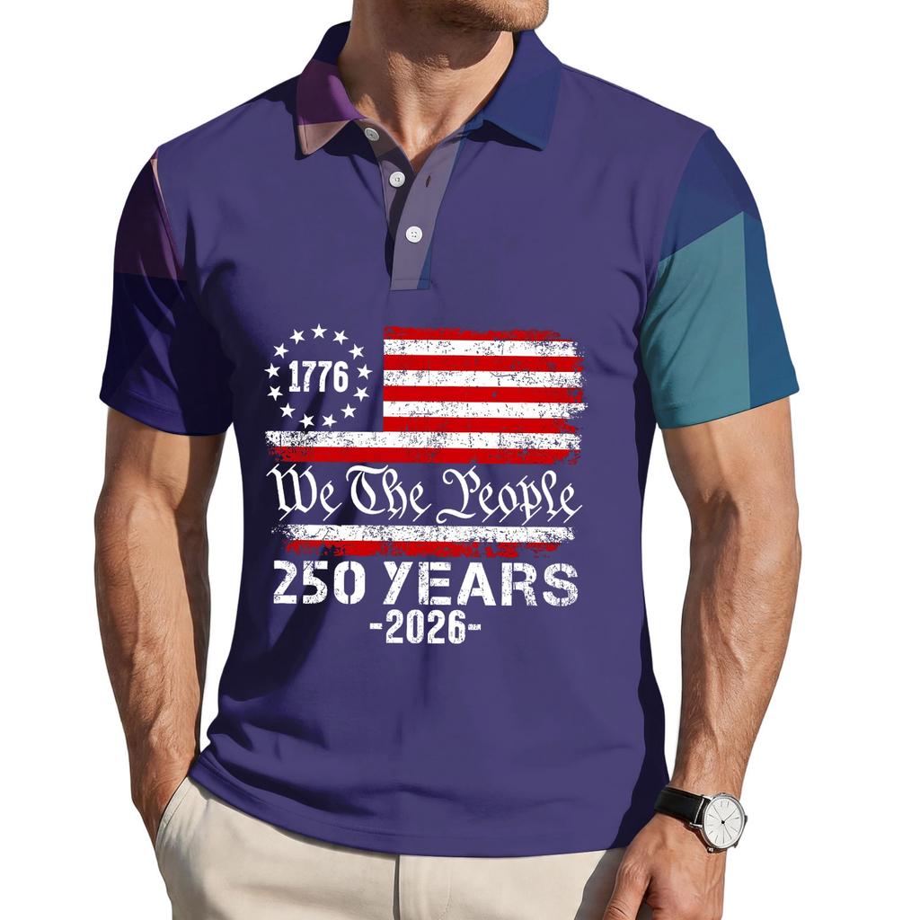 Men's Loose Fit Casual Polo Shirt Short Sleeve Printed Flag Graphic Button Collar Comfortable Summer Top