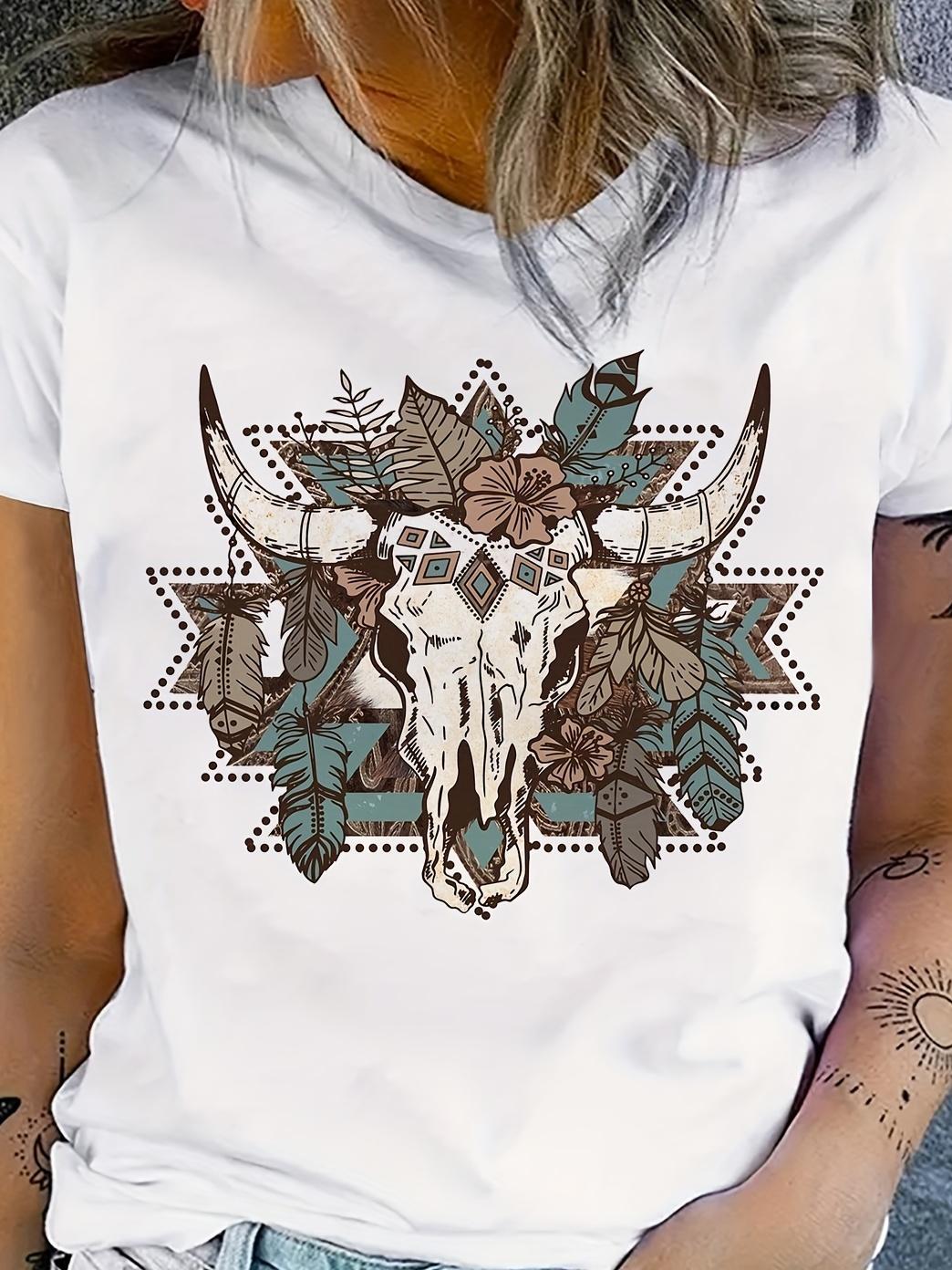 Boho Skull Floral Feather Graphic Print T-shirt M