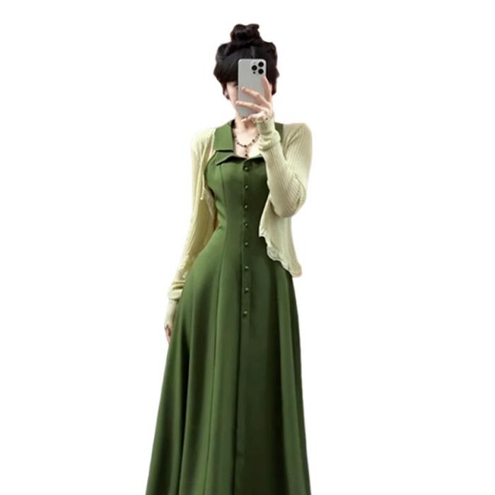 New French retro green neck sling dress for children s summer temperament waist dress S