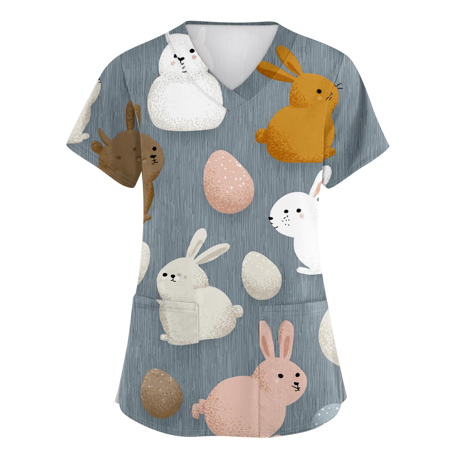 

Women s Fashion V-Neck Short-Sleeved Workwear With Pockets Easter Print Top Caregiver Uniform XXXL