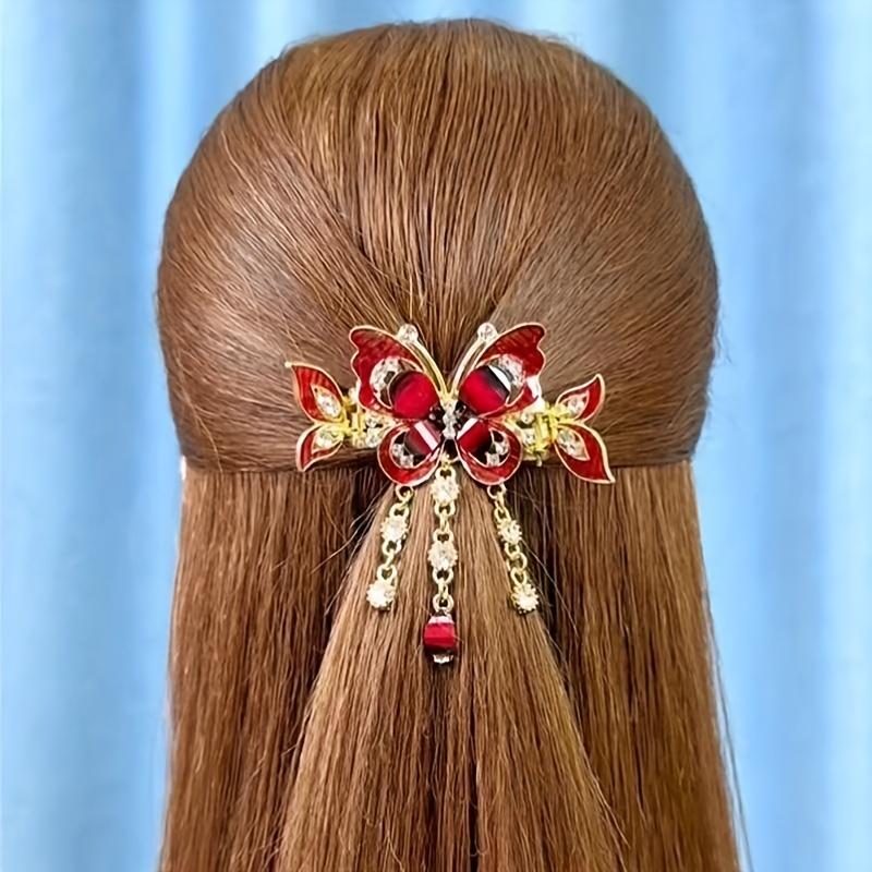 Bling Bling Butterfly Tassel Rhinestone Decor Hair Claw Clip Vintage Boho Ponytail Holder Fashion Women Hair Accessories