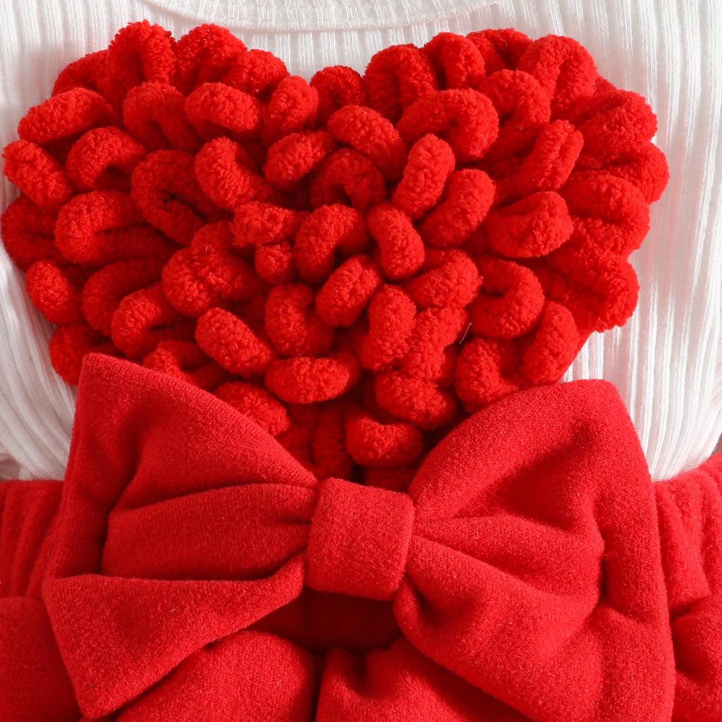 3D Heart Long-Sleeve Dress with Headband for Baby Girls, Ages 0-1, Wool Skirt Hem, with Open Crotch for Autumn/Winter