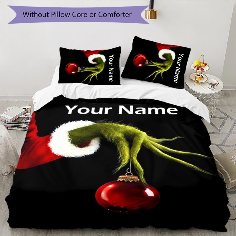 3pcs Crunch Christmas2 Cover Set - Personalized Name, HD Printed Bedding with 1 Cover and 2 Pillowcases - Perfect for Home Decor, Easy Care