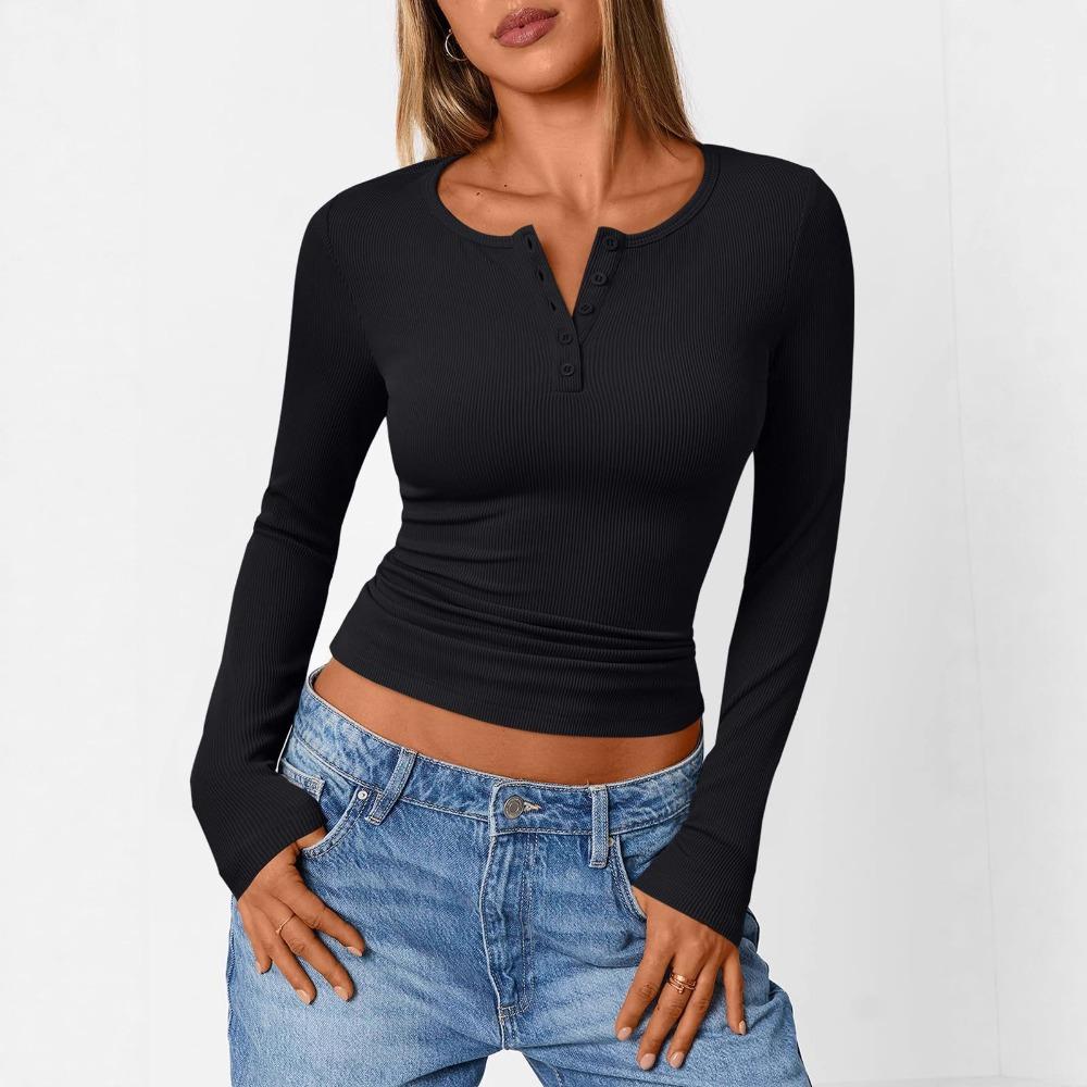 Women's Ribbed Henley Button Long Sleeve Cropped Slim Fit Casual Basic Tee Top