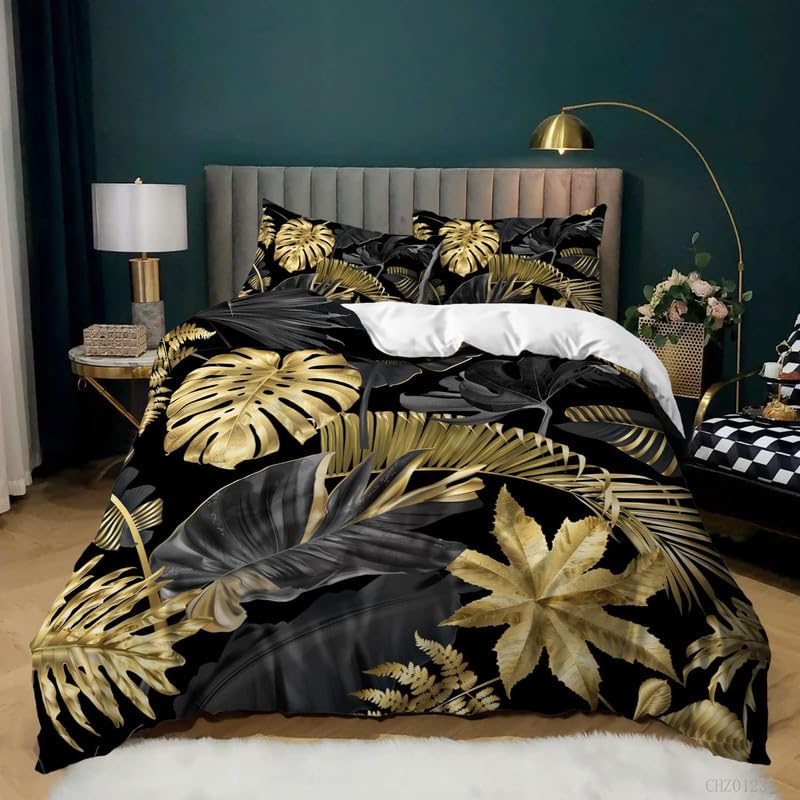 Luxury Golden Floral Duvet Cover Set Black Golden Plant Leave Decor Comforter Cover Fashion Plant Print Bedding Set With Zipper