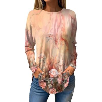 T-shirt à manches longues imprimé 3D et col rond pour femme