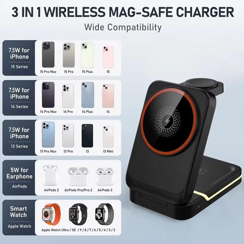3 in 1 Foldable Travel Magnetic Fast Wireless Charger Stand For Magsafe iPhone 16 15 14 13 12 Pro Apple Watch 2-9 SE Airpods Pro