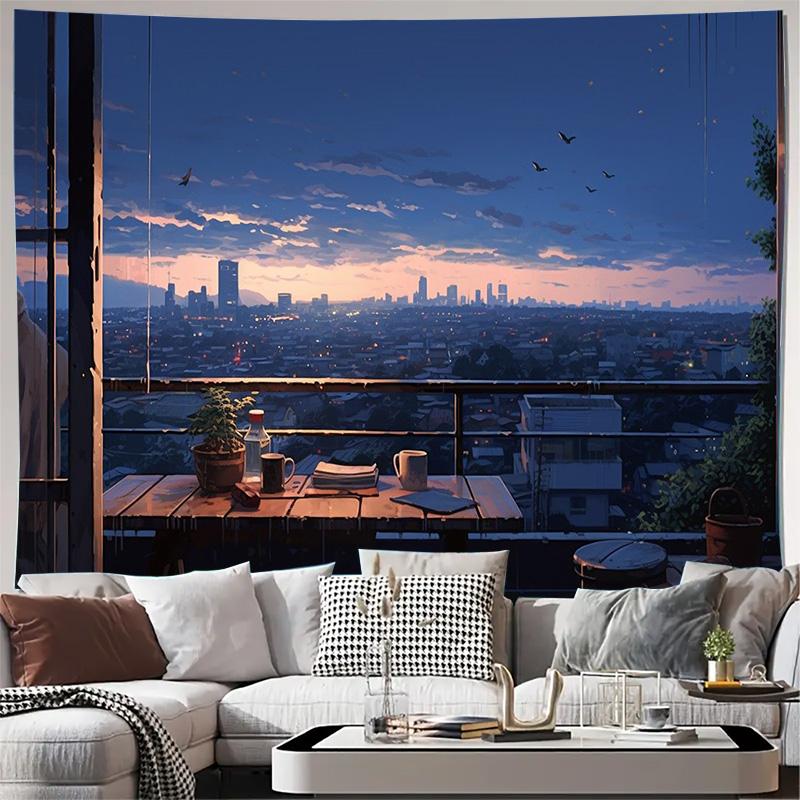 City Sunset Balcony View Wall Tapestry Machine Washable All Season Decor Art Print Urban Landscape Design Home Easy To Clean