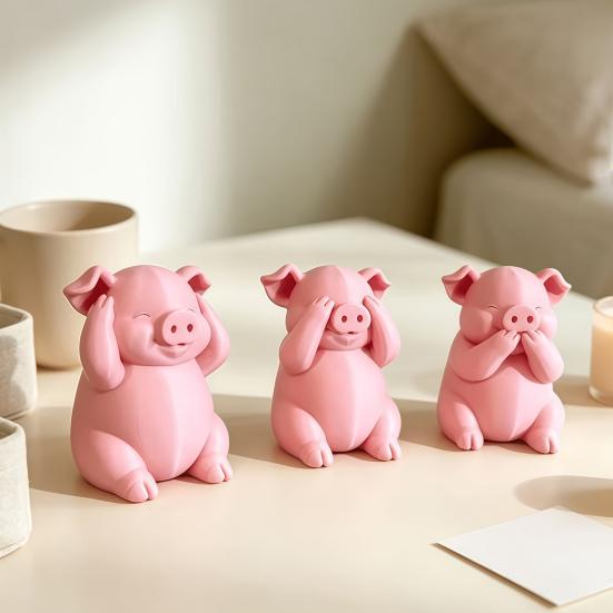 Unique Pig Figurine for Birthday Gift 3 Pcs Cute Mini Figurines, 3D Printed See Hear Speak No Evil Adorable Animal Home Decor Pink Statue, Novelty