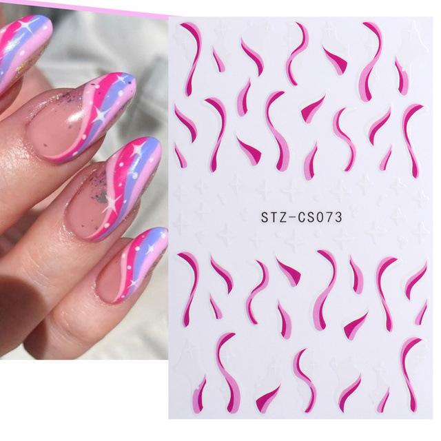 1 arkusz Ultra cienka geometria 3D nieregularna wirująca fala krowa naklejka do Manicure w stylu francuskim wzory pasków naklejka na linię paznokci