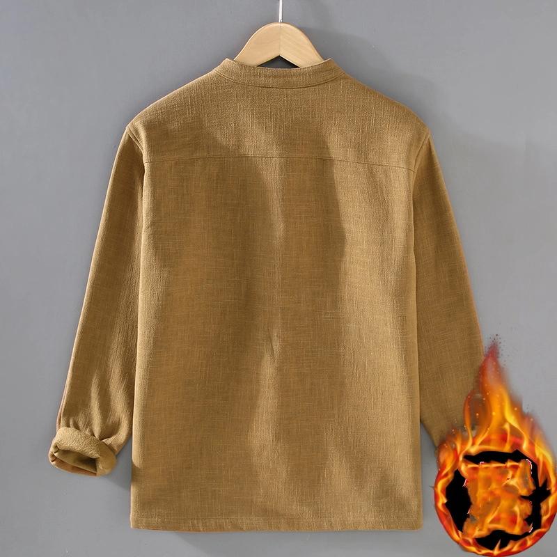 Winter Warm Men Shirt Cotton Linen Thicken Casual Coat Stand Collar Disc Buckle Shirt Grey Fleece Jacket Chinese Traditional Clothing